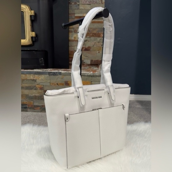 NWT Michael Kors Jet Set Travel Optic White Double Pocket Medium Tote Bag - Picture 5 of 8